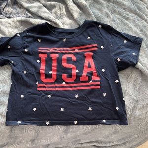Blue w/ White Stars and Red USA lettering Short Sleeve Cropped